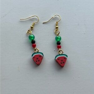 Watermelon Beaded Charm Earrings - Gold Tone Dangles, Handmade